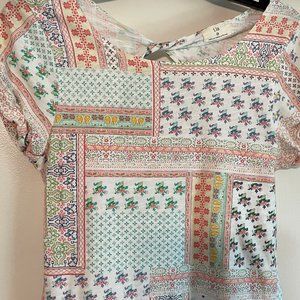 Anthropologie T.La Boho Mixed Patch Print Keyhole Open Back Short Sleeve Top XS
